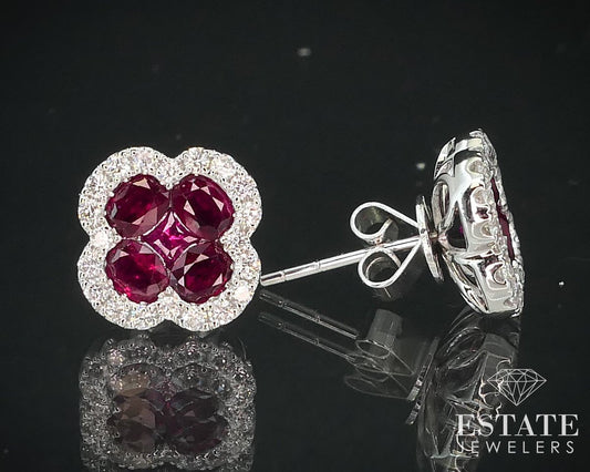 14k White Gold 2.36ctw Natural Ruby & Diamond Flower Stud Earrings 4g i15306
