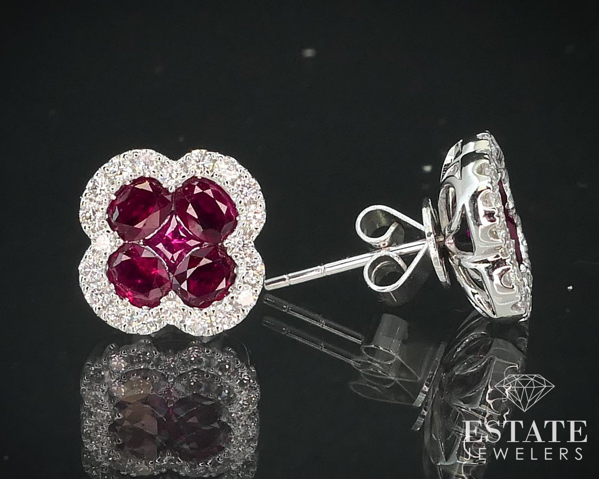 14k White Gold 2.36ctw Natural Ruby & Diamond Flower Stud Earrings 4g p61056