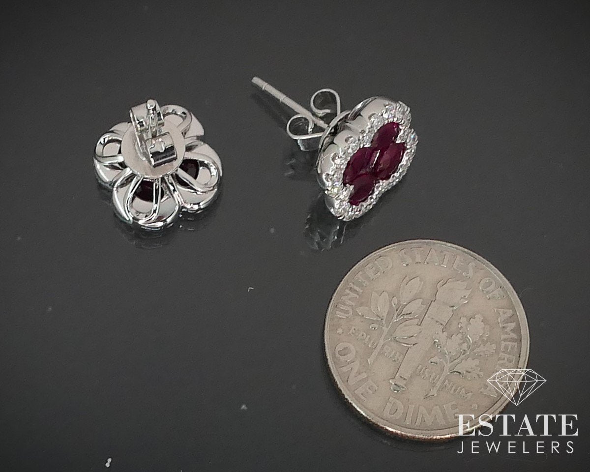 14k White Gold 2.36ctw Natural Ruby & Diamond Flower Stud Earrings 4g p61056