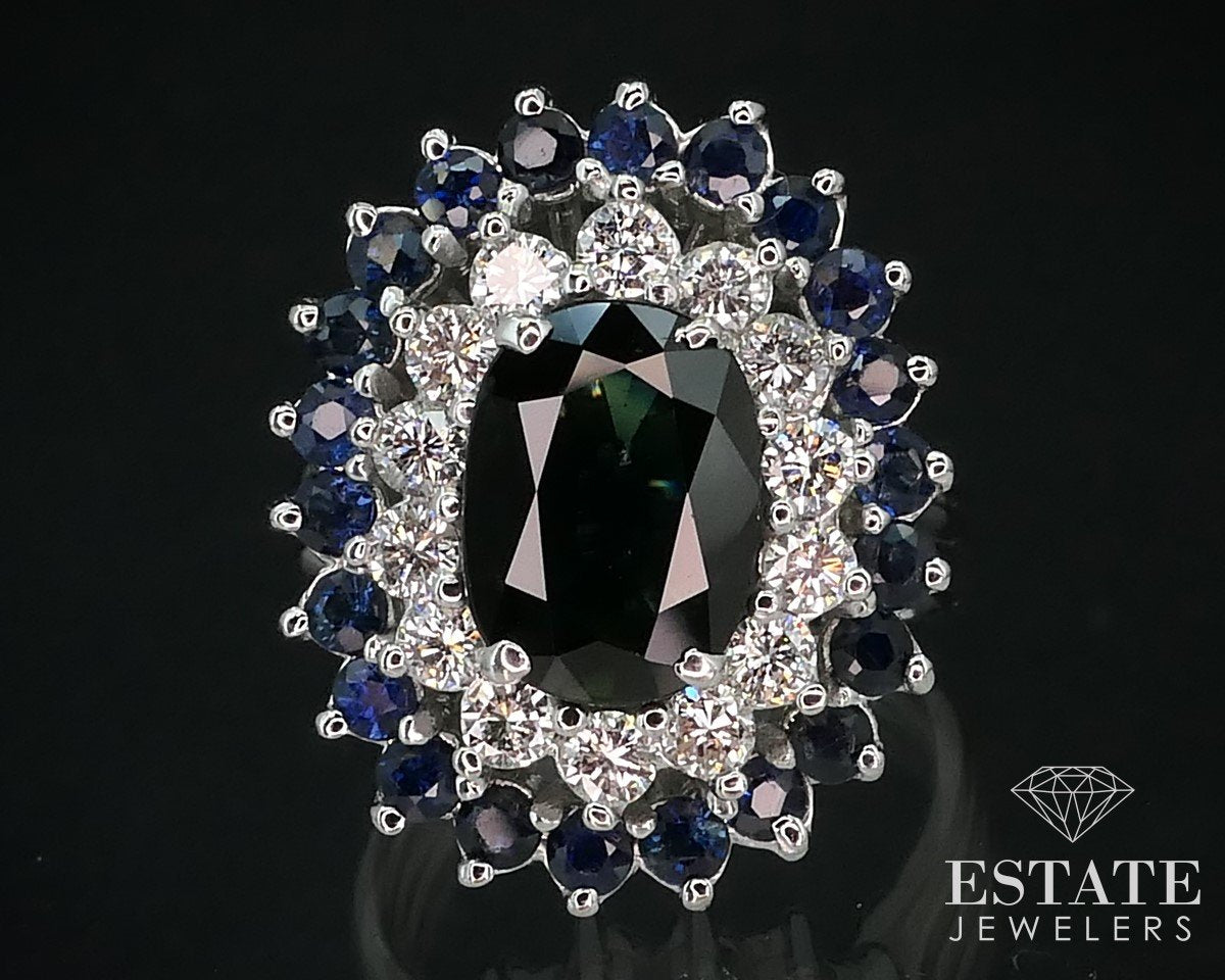 14k White Gold Oval Natural Blue Sapphire & Diamond Ballerina Ring 10.2g i15380