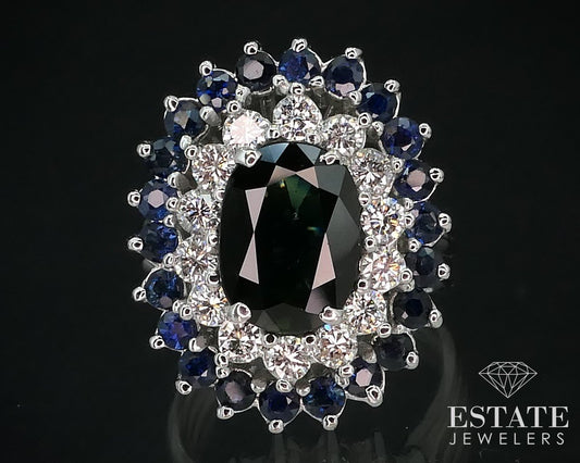 14k White Gold Oval Natural Blue Sapphire & Diamond Ballerina Ring 10.2g i15380