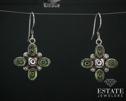 Vintage Sterling Cabochon Signed Natural Peridot Dangle Earrings 8g i15461
