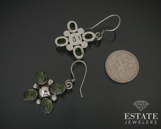 Vintage Sterling Cabochon Signed Natural Peridot Dangle Earrings 8g i15461