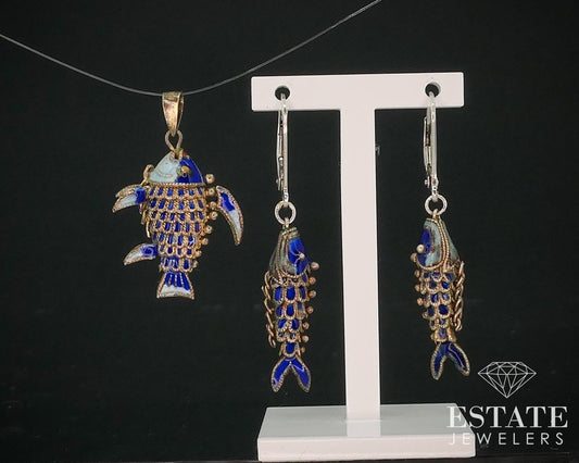 Antique Sterling Silver Articulated Chinese Fish Enameled Set 5g i15440
