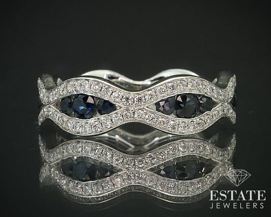 14k White Gold Natural .97ctw Blue Sapphire & Diamond Ladies Band Ring 4g i15507