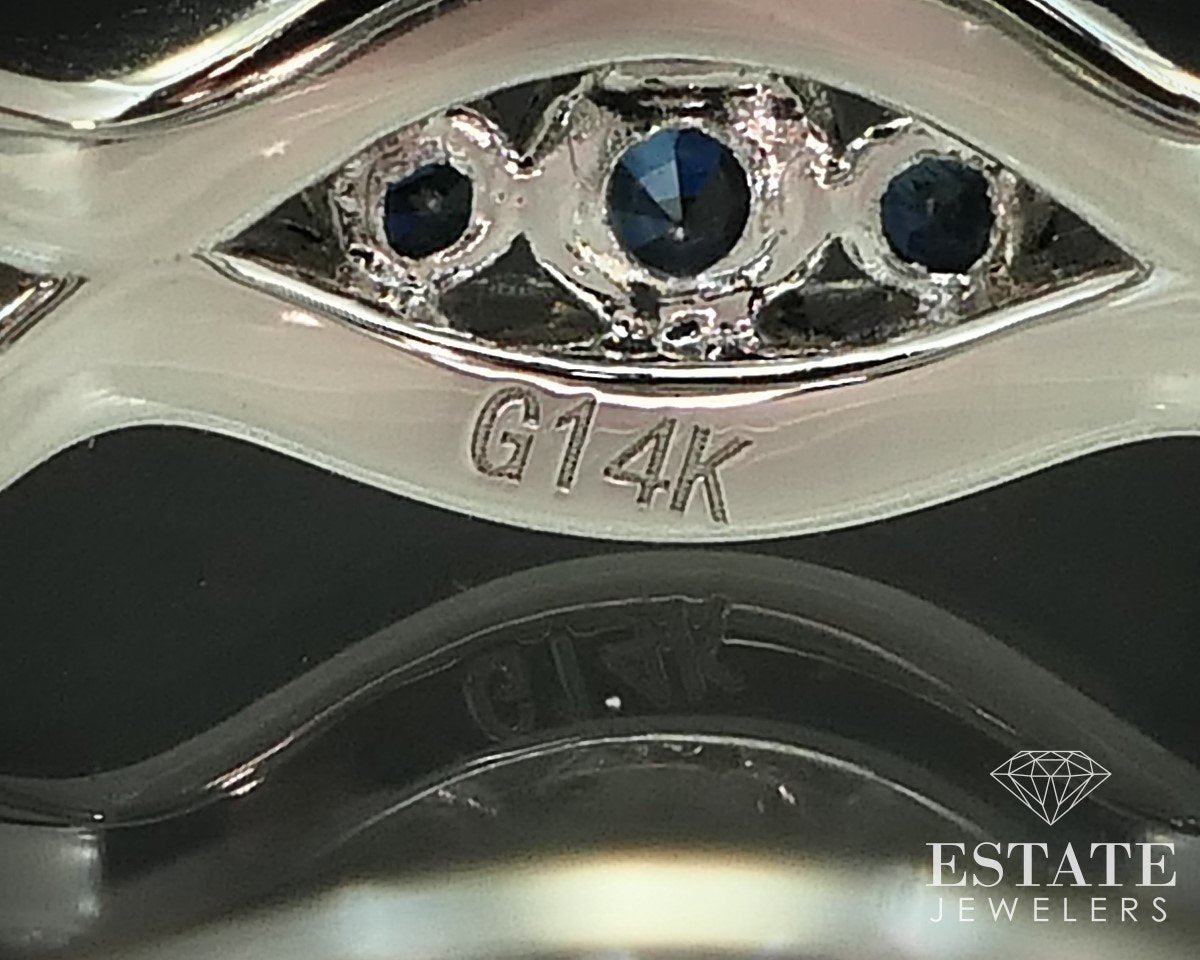 14k White Gold Natural .97ctw Blue Sapphire & Diamond Ladies Band Ring 4g i15507