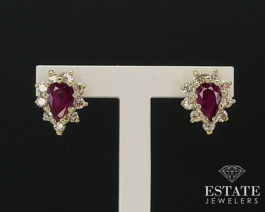 14k Yellow Gold Natural Ruby & Diamond Halo Stud Earrings 2g i15481