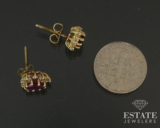 14k Yellow Gold Natural Ruby & Diamond Halo Stud Earrings 2g i15481