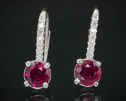 14k White Gold 1.67ctw Natural Ruby & Diamond Lever Back Earrings 3.1g i15532