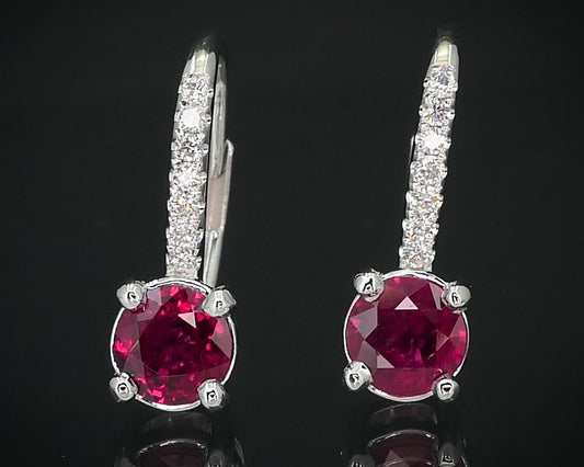 14k White Gold 1.67ctw Natural Ruby & Diamond Lever Back Earrings 3.1g i15532