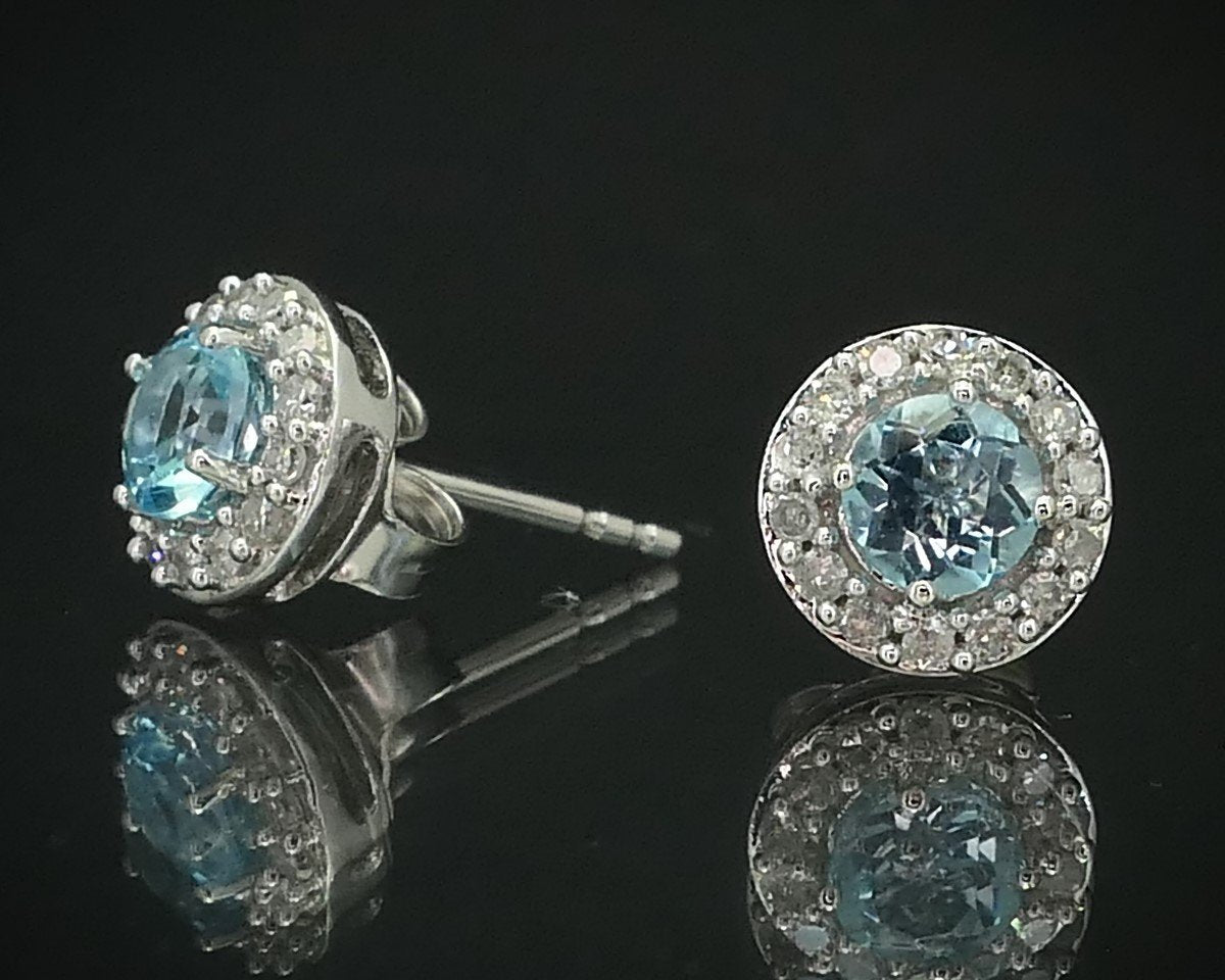 10k White Gold Natural Blue Topaz & Diamond Stud Halo Earrings 1.6g i15556