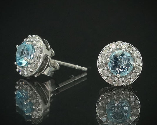 10k White Gold Natural Blue Topaz & Diamond Stud Halo Earrings 1.6g i15556