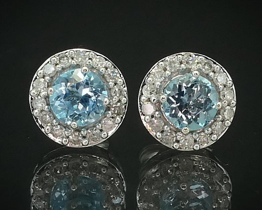 10k White Gold Natural Blue Topaz & Diamond Stud Halo Earrings 1.6g i15556