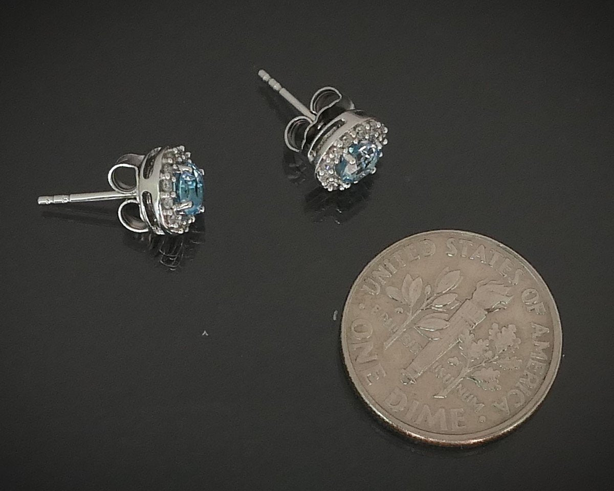 10k White Gold Natural Blue Topaz & Diamond Stud Halo Earrings 1.6g i15556