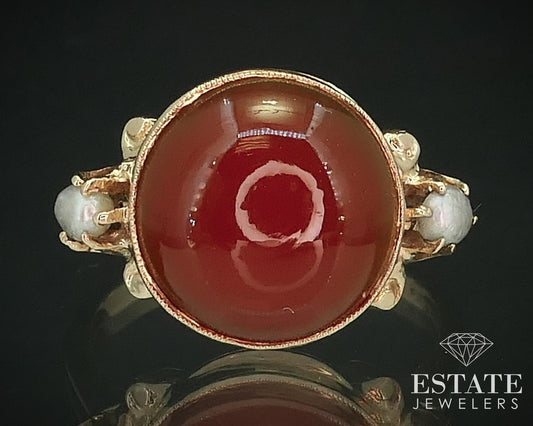 Antique 14k Yellow Gold 12mm Natural Carnelian & Seed Pearl Ring 4.5g i15622