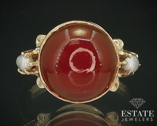 Antique 14k Yellow Gold 12mm Natural Carnelian & Seed Pearl Ring 4.5g i15622