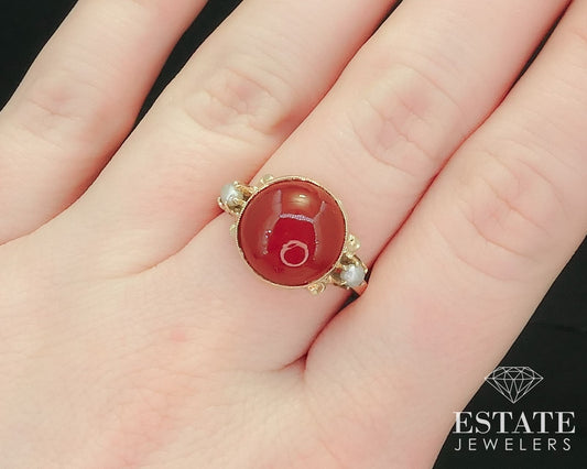 Antique 14k Yellow Gold 12mm Natural Carnelian & Seed Pearl Ring 4.5g i15622
