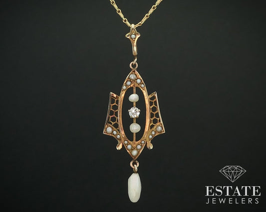 Antique 14K Yellow Gold Diamond & Seed Pearl Lavalier Pendant Necklace 3g i15616