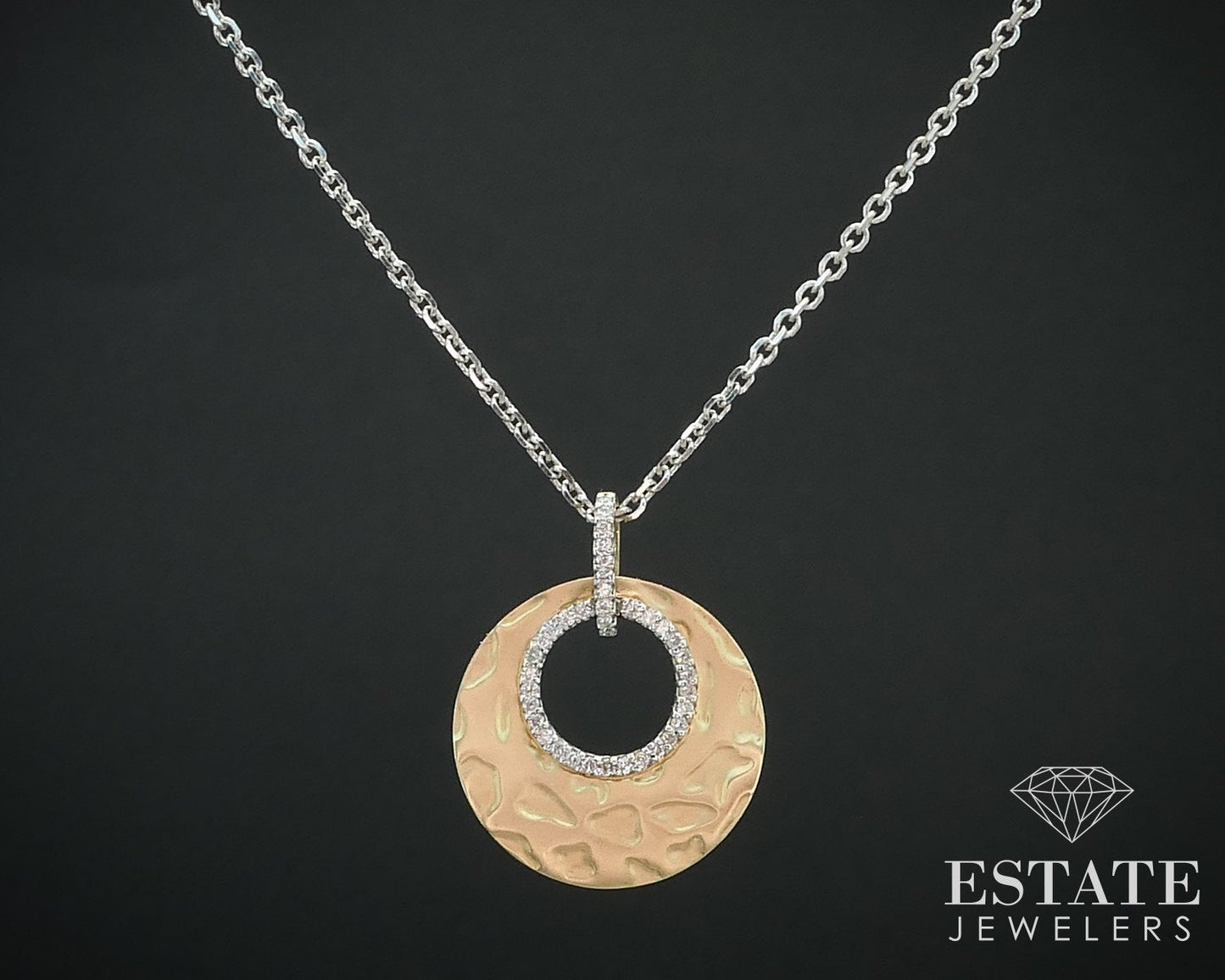 14K Yellow & White Gold Natural Diamond Open Circle Necklace 7g 16"L i15642