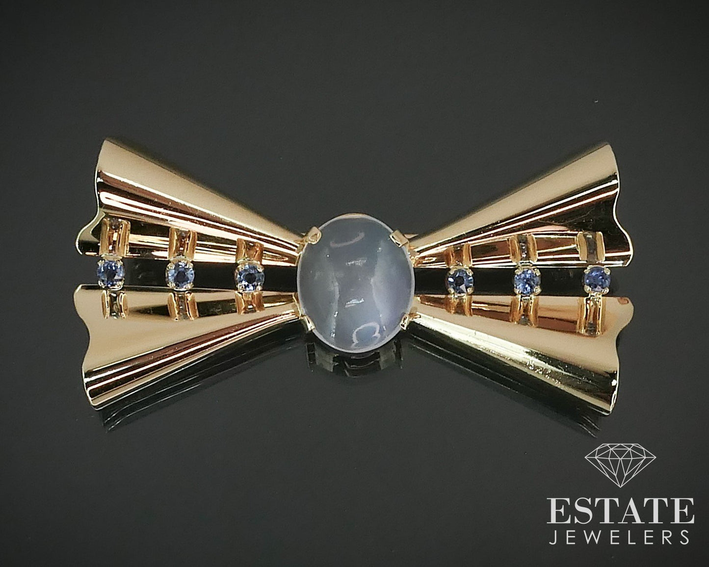 Vintage Retro 14k Yellow Gold Moonstone & Blue Sapphire Pin Brooch 8g i15637