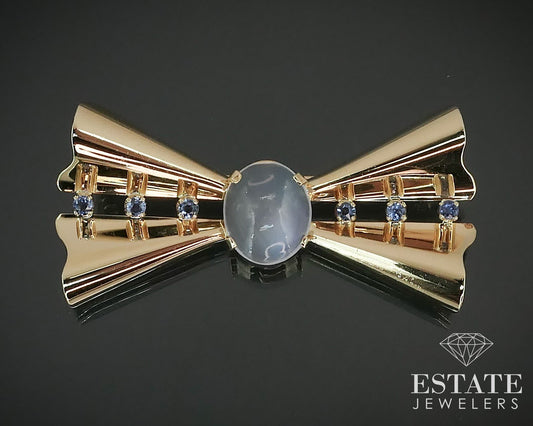 Vintage Retro 14k Yellow Gold Moonstone & Blue Sapphire Pin Brooch 8g i15637