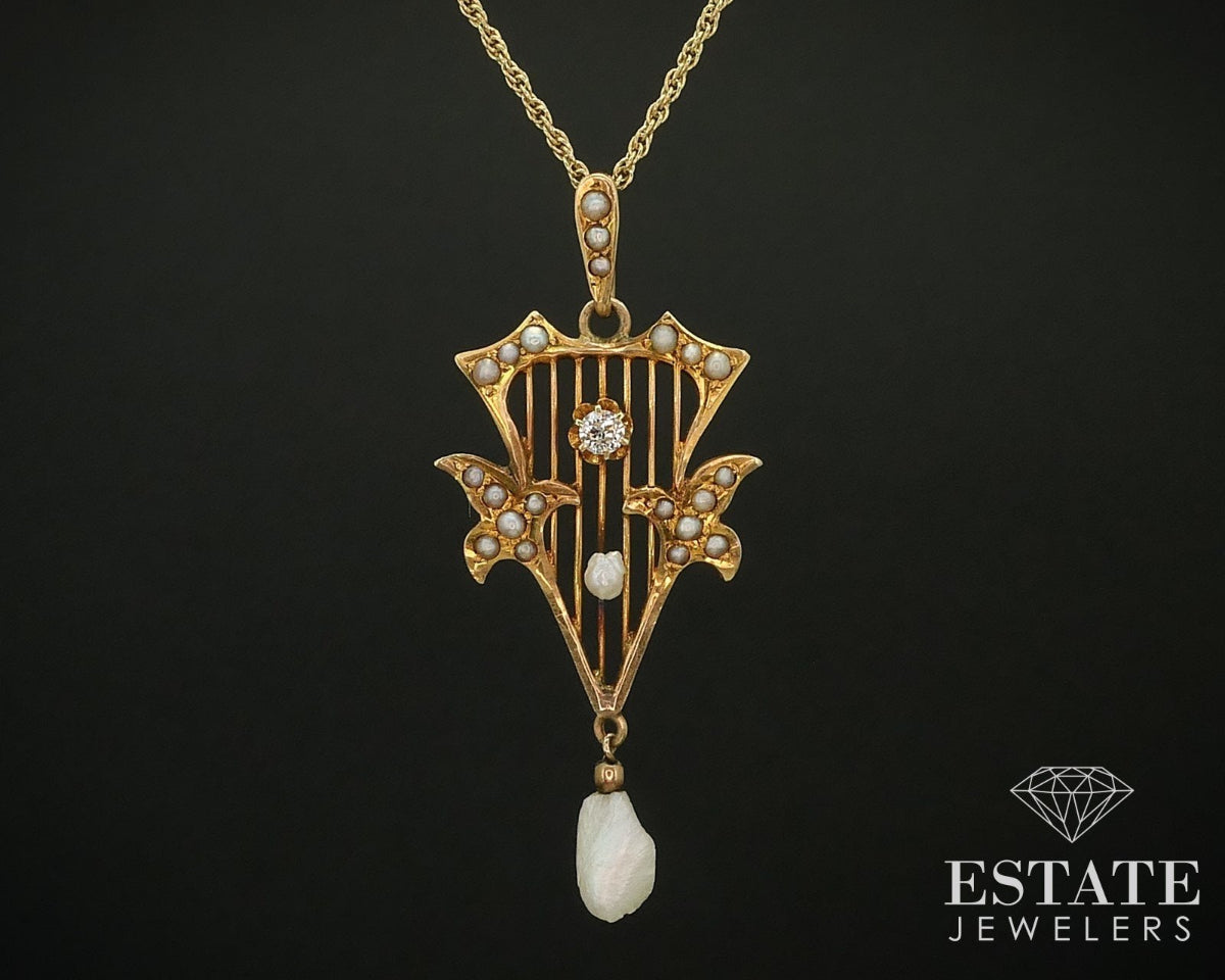 Antique Victorian 14K Yellow Gold Diamond & Pearl Lavalier Necklace 4g i15751
