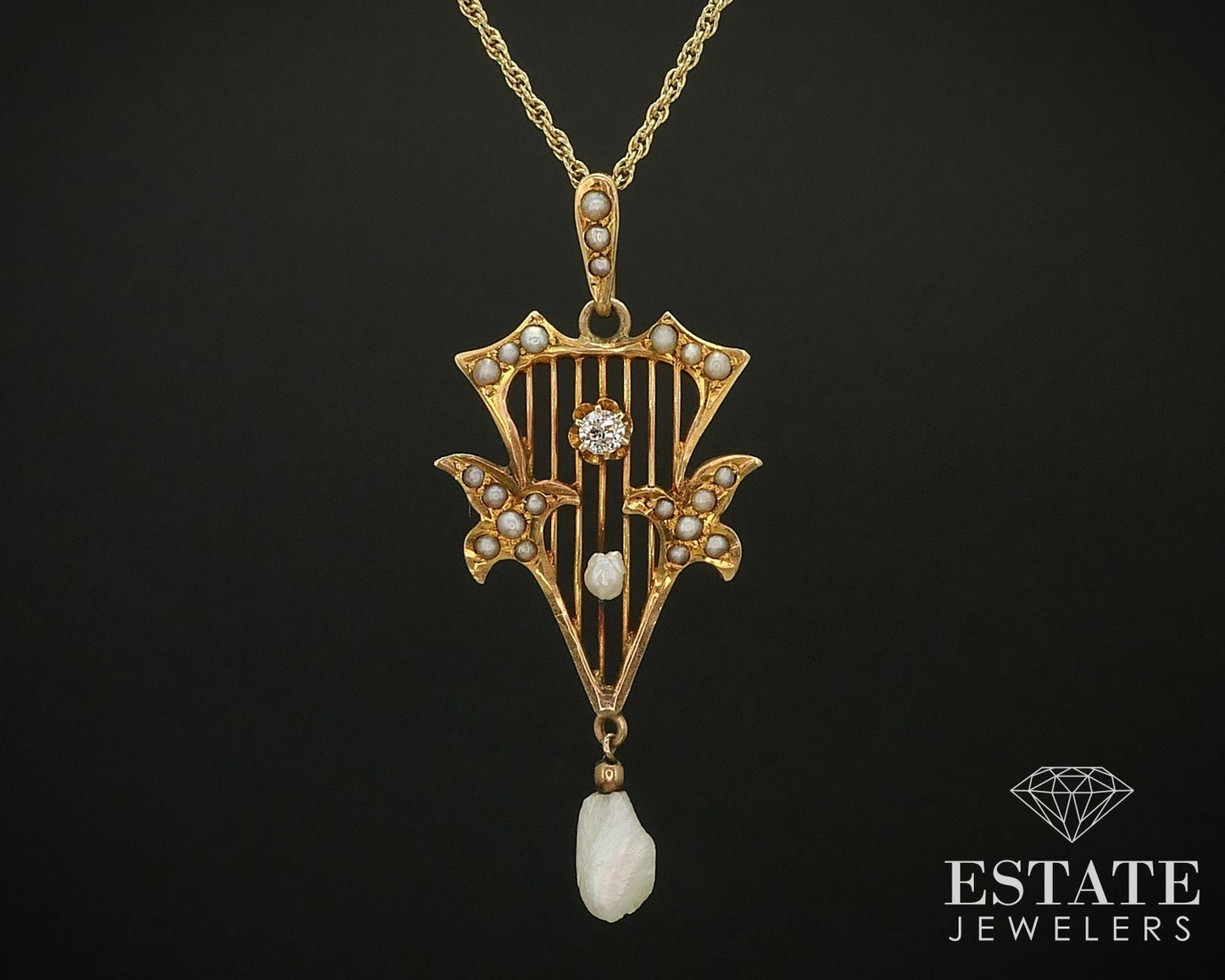 Antique Victorian 14K Yellow Gold Diamond & Pearl Lavalier Necklace 4g i15751
