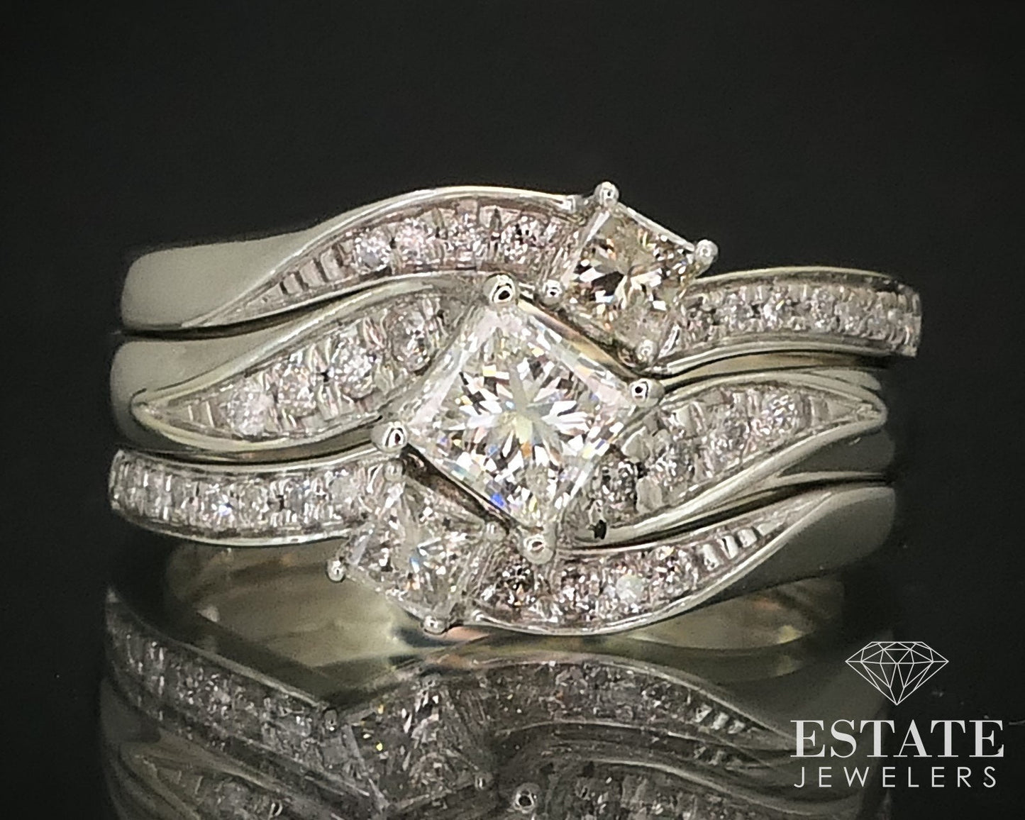 14k White Gold Princess Natural 1.00ctw Diamond Ladies Wedding Set 6.7g i15765