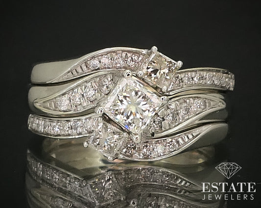 14k White Gold Princess Natural 1.00ctw Diamond Ladies Wedding Set 6.7g i15765