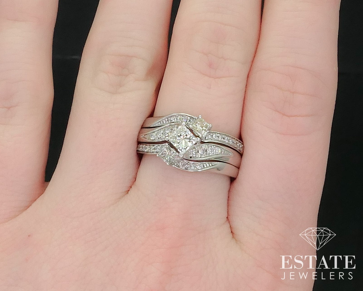 14k White Gold Princess Natural 1.00ctw Diamond Ladies Wedding Set 6.7g i15765