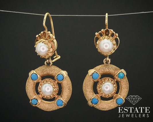 Antique Victorian 14k Yellow Gold Cultured Pearl & Turquoise Earrings 8g i15747