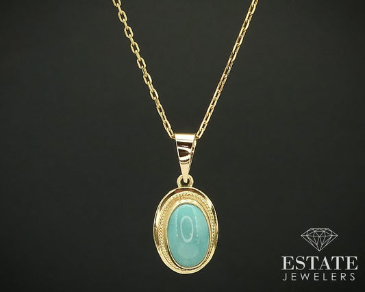 Vintage 18k Yellow Gold Oval Natural Turquoise Ladies Necklace 5.1g 20"L i15774