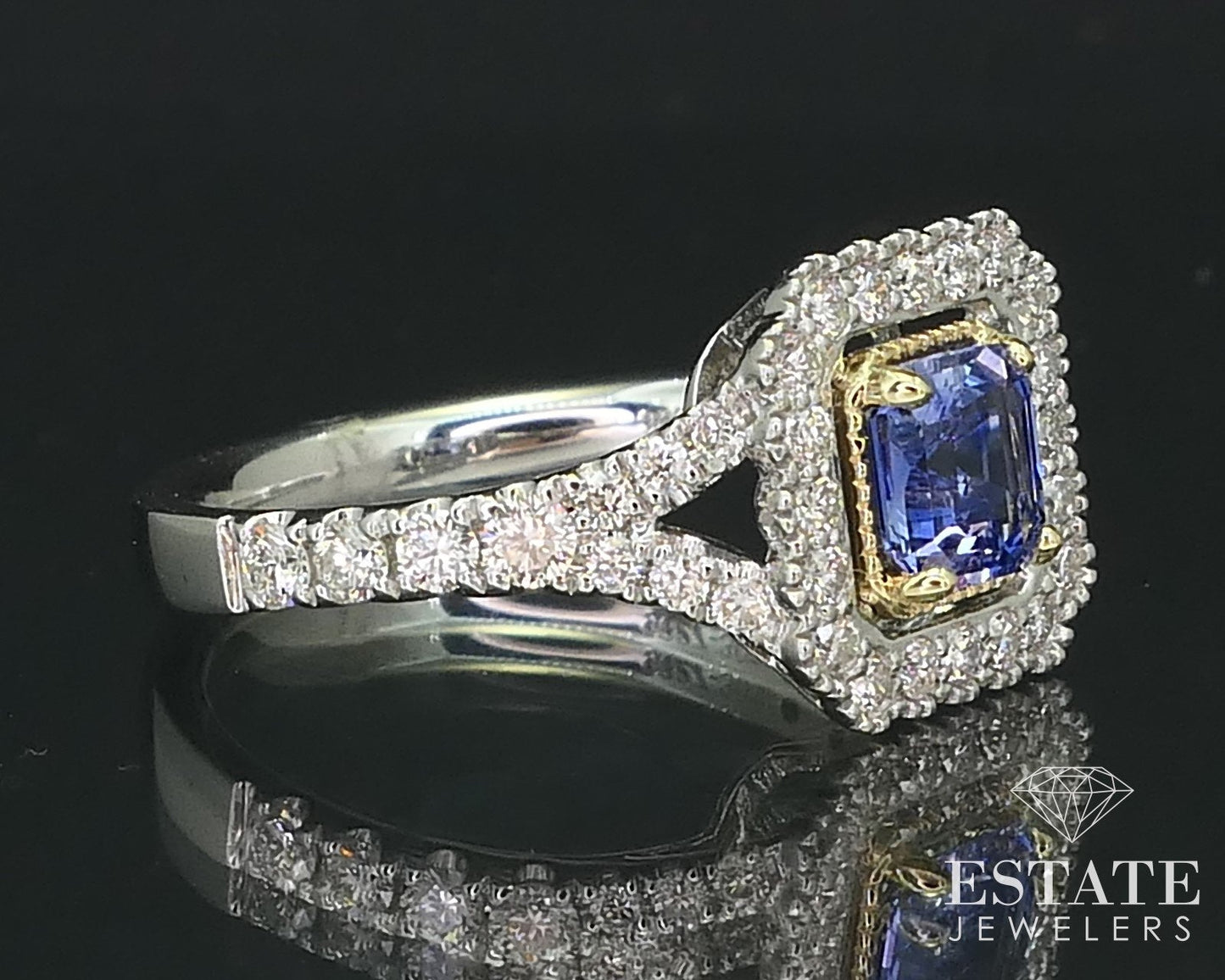 Platinum 14k Asscher Natural .75ct Blue Sapphire & Diamond Halo Ring 6g i15833