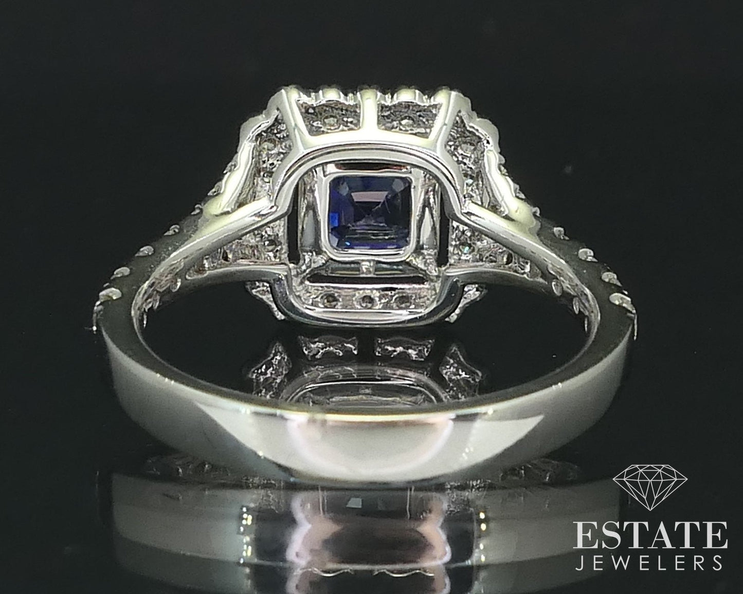 Platinum 14k Asscher Natural .75ct Blue Sapphire & Diamond Halo Ring 6g i15833