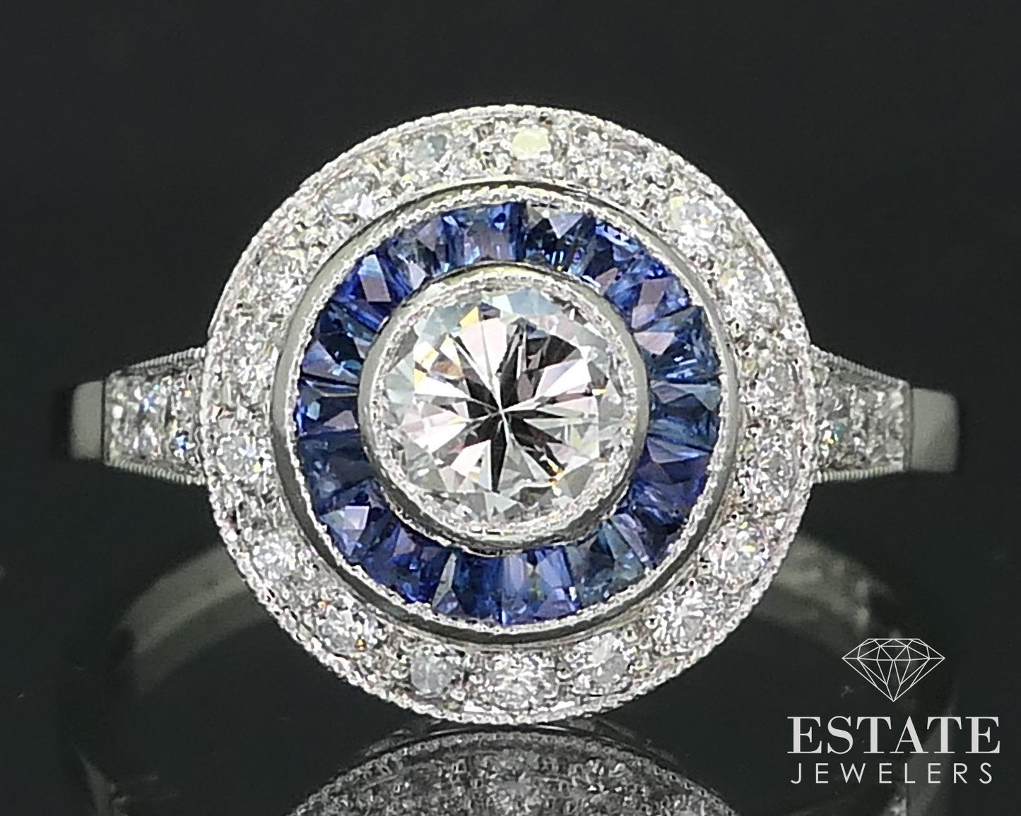 Art Deco Platinum Round Natural .53ctw Diamond & Sapphire Halo Ring 3.8g i15824