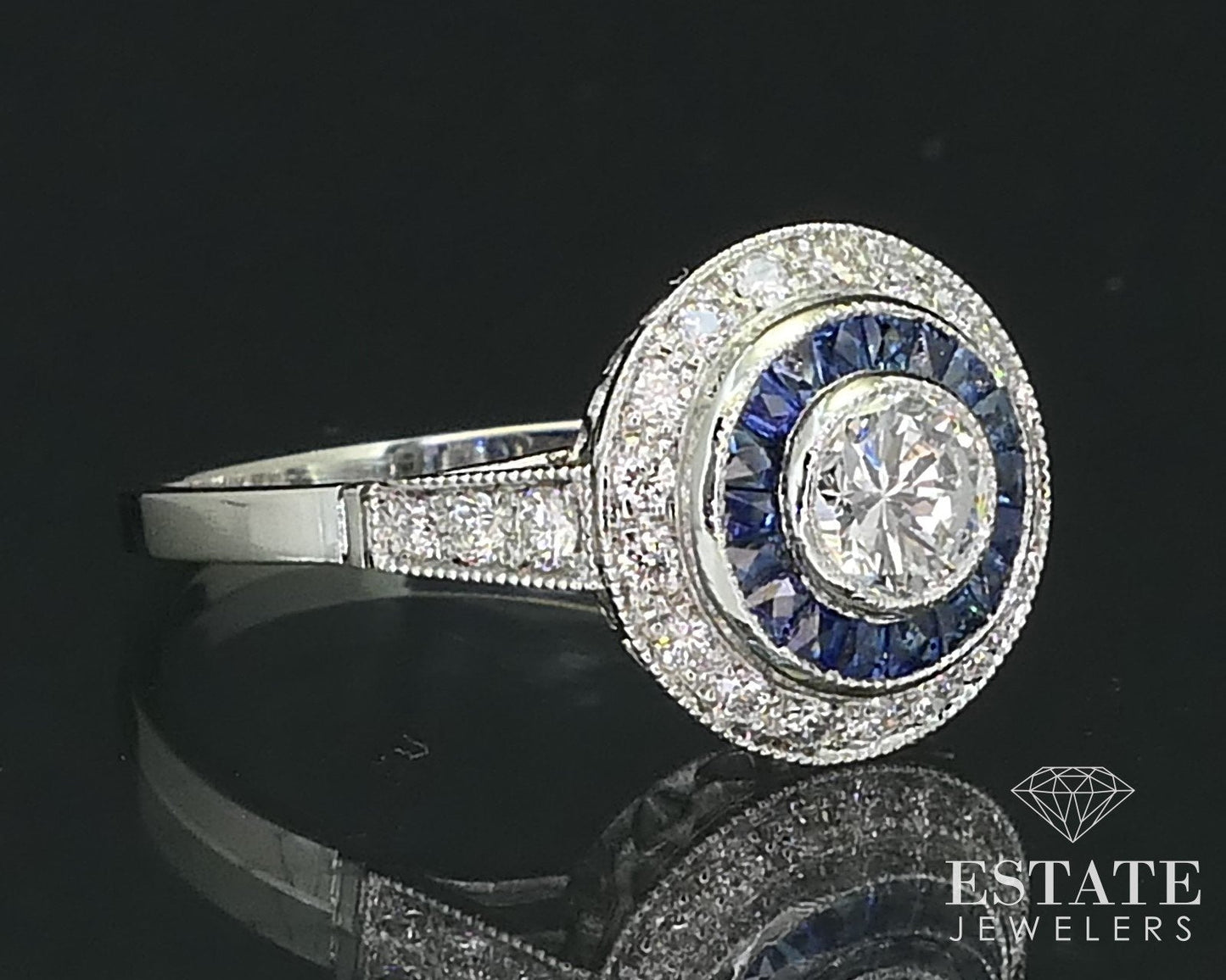 Art Deco Platinum Round Natural .53ctw Diamond & Sapphire Halo Ring 3.8g i15824