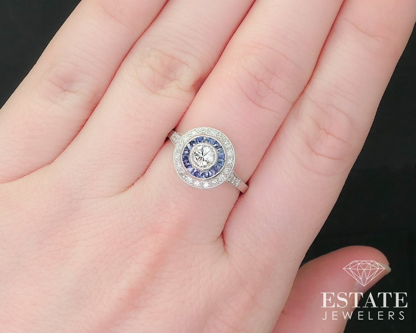 Art Deco Platinum Round Natural .53ctw Diamond & Sapphire Halo Ring 3.8g i15824