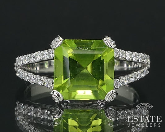 18k White Gold Asscher Natural Peridot & Diamond Ladies Ring 4.0g i15805