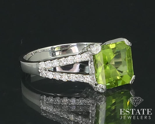 18k White Gold Asscher Natural Peridot & Diamond Ladies Ring 4.0g i15805