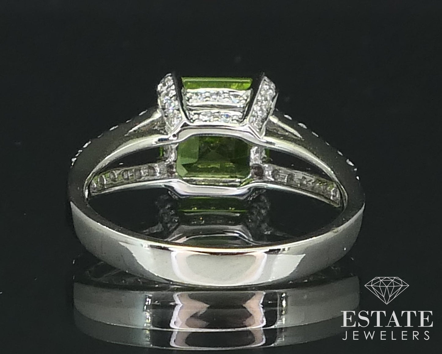 18k White Gold Asscher Natural Peridot & Diamond Ladies Ring 4.0g i15805