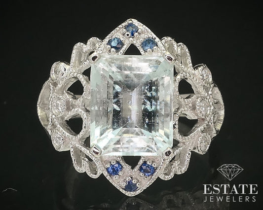 14k White Gold Natural Aquamarine Sapphire Diamond Filigree Ring 5.5g i15822