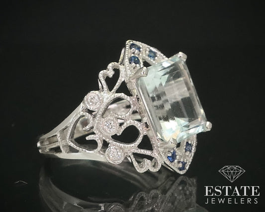 14k White Gold Natural Aquamarine Sapphire Diamond Filigree Ring 5.5g i15822