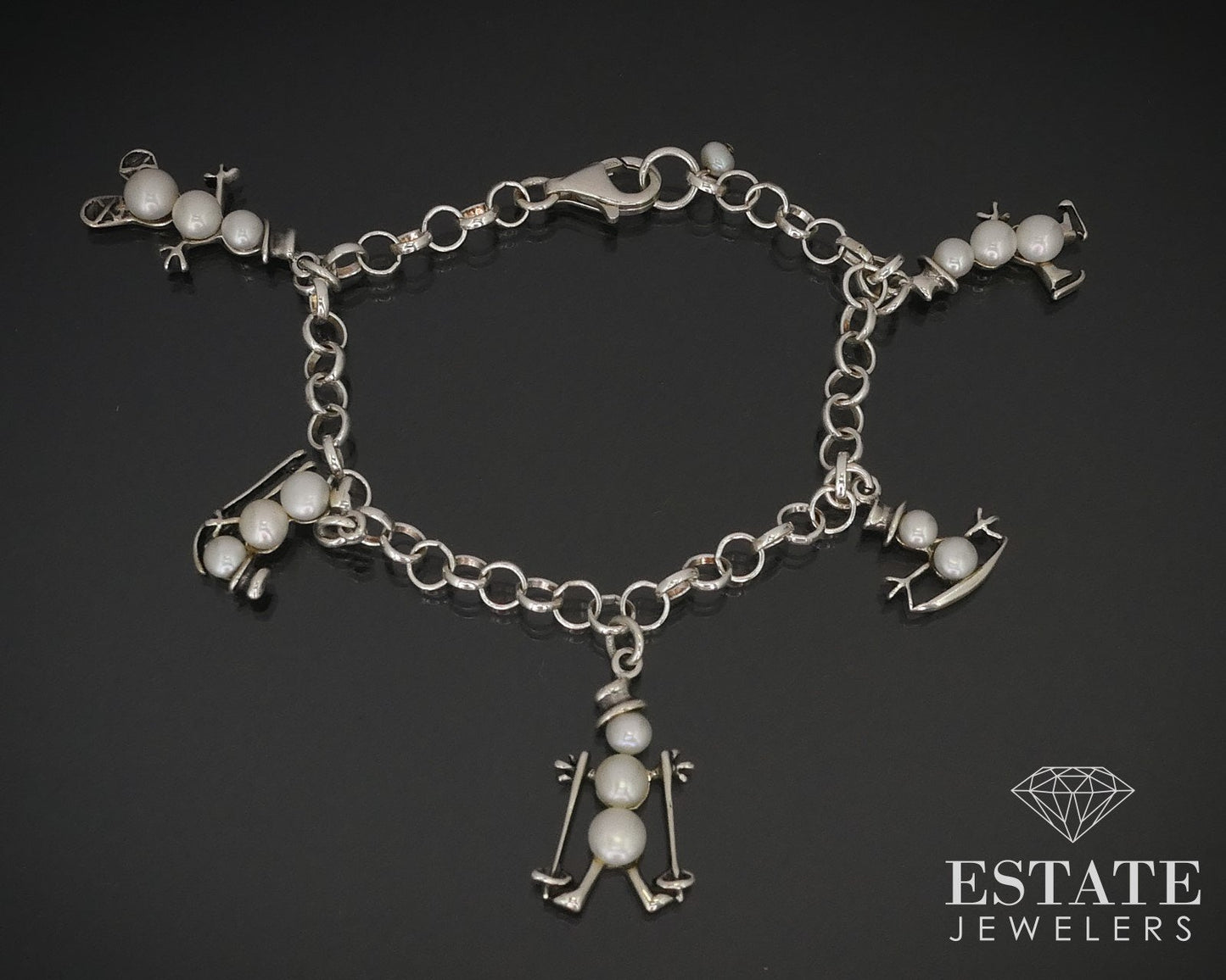 Sterling Silver Cultured Pearl Snowman Charm Bracelet 14.7g 7.5"L i15936