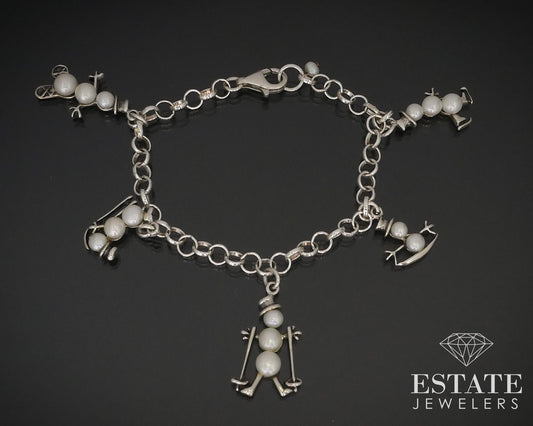 Sterling Silver Cultured Pearl Snowman Charm Bracelet 14.7g 7.5"L i15936