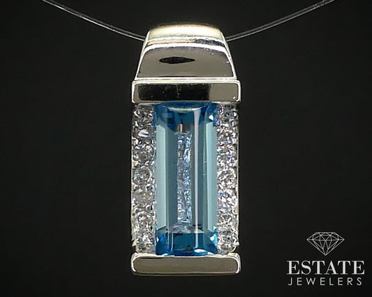 14k White Gold Natural Blue Topaz & Diamond Ladies Pendant 3.7g i15877