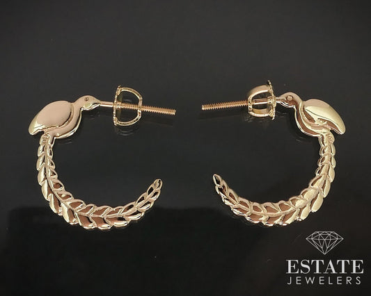 14K Yellow Gold Bird Feather Half Hoop Screw Back Earrings 2.3g i15865