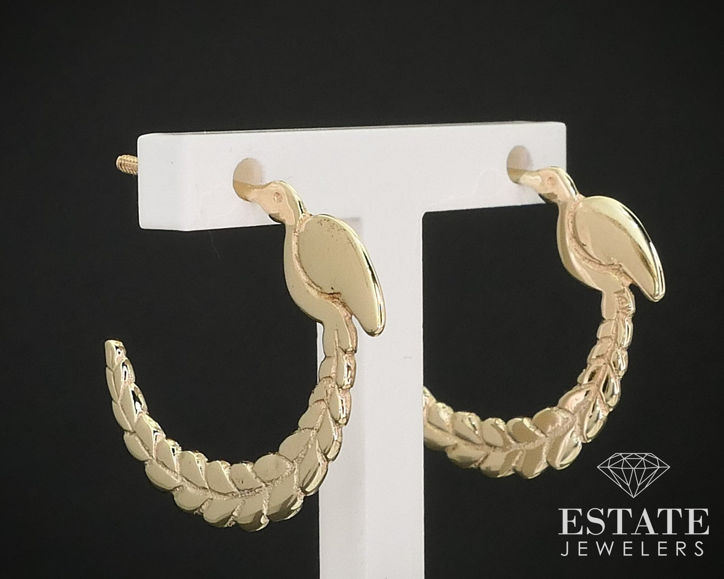 14K Yellow Gold Bird Feather Half Hoop Screw Back Earrings 2.3g i15865