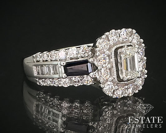 14k White Gold Emerald Natural 1.16ctw Diamond Sapphire Engagement Ring i15985