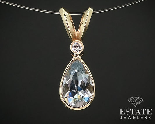 14k Yellow Gold Pear Natural Aquamarine & Diamond Tear Drop Pendant 1.1g i15966