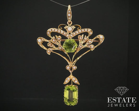 Antique Nouveau 15k Yellow Gold Natural Peridot & Pearl Pin Pendant 10g i15953